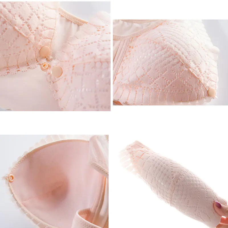 Pink maternity nursing bra close-up of front snap placket and lace trim