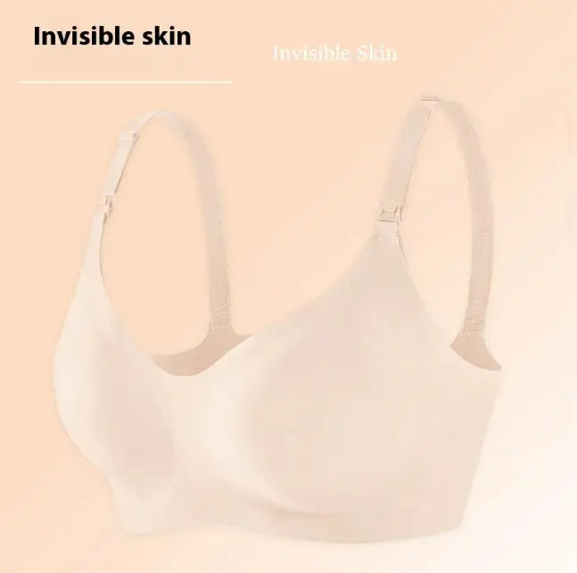 Seamless nursing bra in white with wide front neckline and adjustable straps