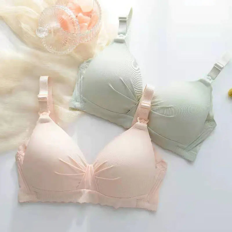 Cotton maternity nursing bra set with light pink and pale green styles, adjustable straps