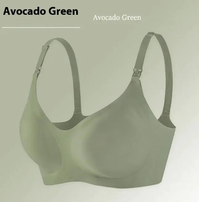 Seamless nursing bra in avocado green with wide front neckline and adjustable straps