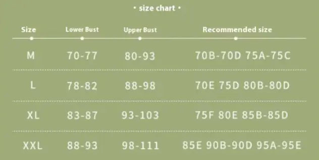 Nursing bra size chart table with bust and recommended size columns
