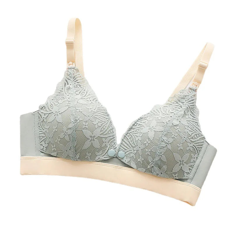 Maternity lace bra in light green with lace cups, front button detail, and straps