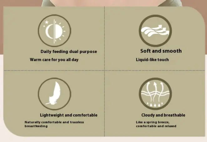Seamless nursing bra features infographic with comfort and temperature icons