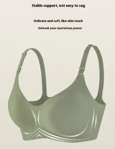 Seamless nursing bra in olive green with supportive cups and adjustable straps