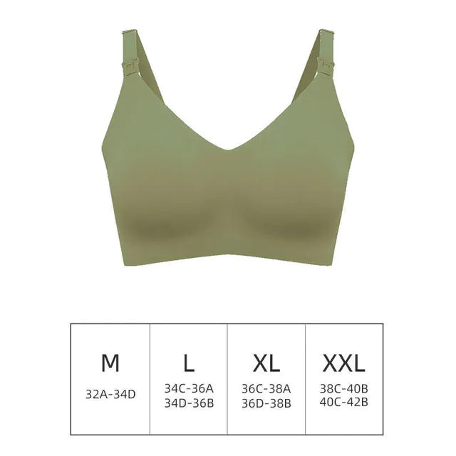 Olive green seamless maternity nursing bra with V-neck and adjustable straps