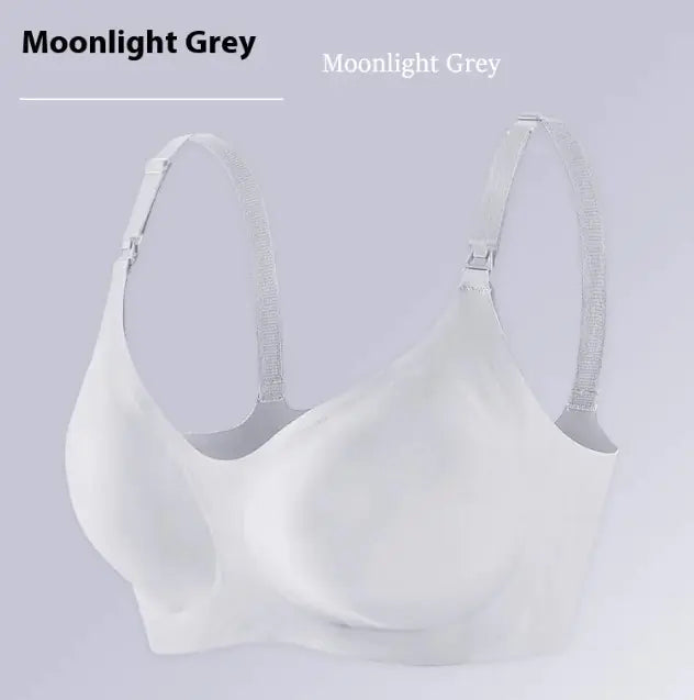 Seamless nursing bra in light gray with wide front neckline and adjustable straps