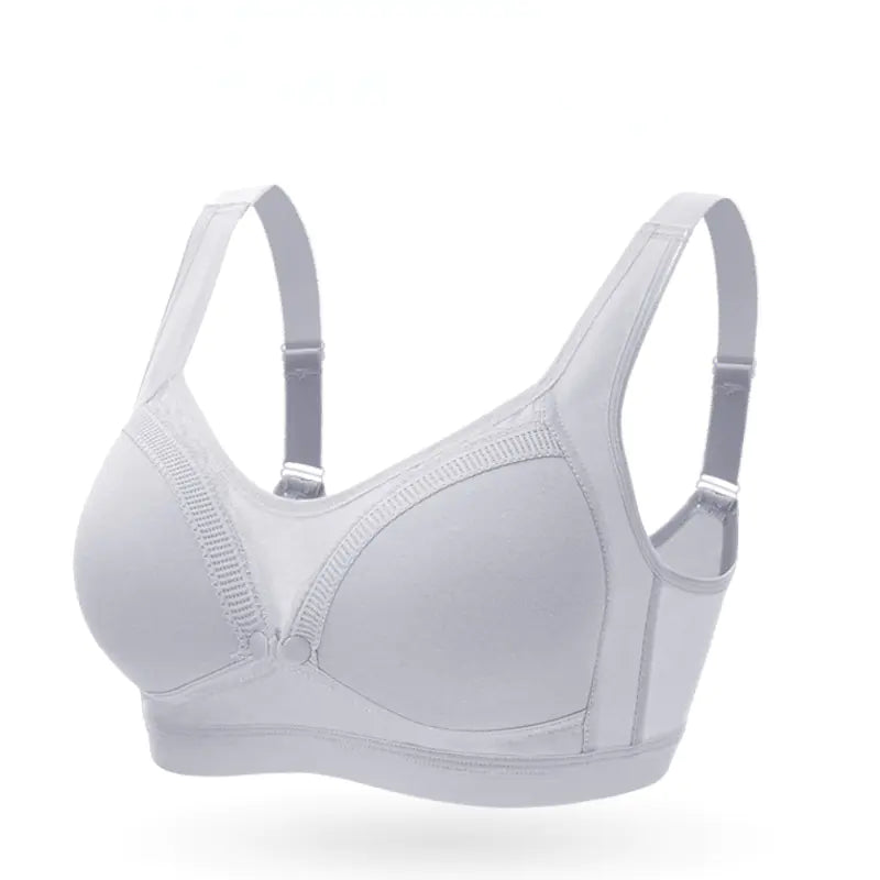 Grey nursing bra with wide straps and front-center buckle closure