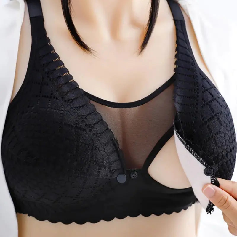 Black maternity nursing bra with scalloped lace cups and front snap access