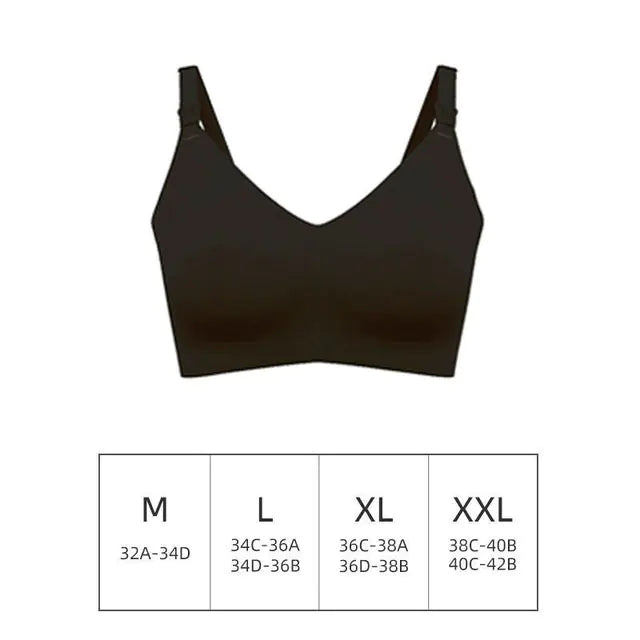 Black seamless maternity nursing bra with V-neck and adjustable straps