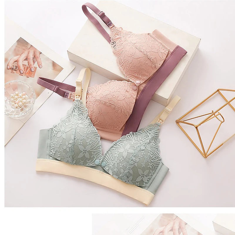 Maternity lace bra set with pink, green, and beige lace cups and adjustable straps