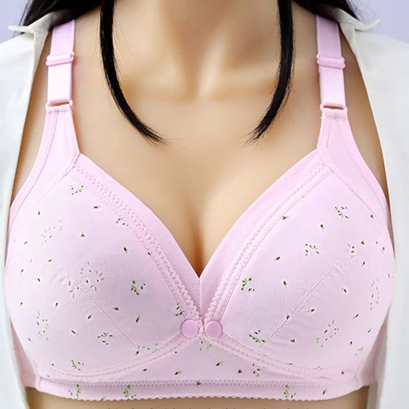 Maternity nursing bra, pink with small multicolor speckles, adjustable straps, snap front