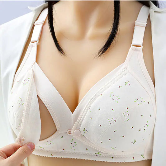 Maternity nursing bra, white with small multicolor speckles, adjustable straps, snap front