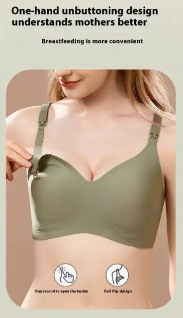 Seamless nursing bra in olive green with wide front neckline and adjustable straps