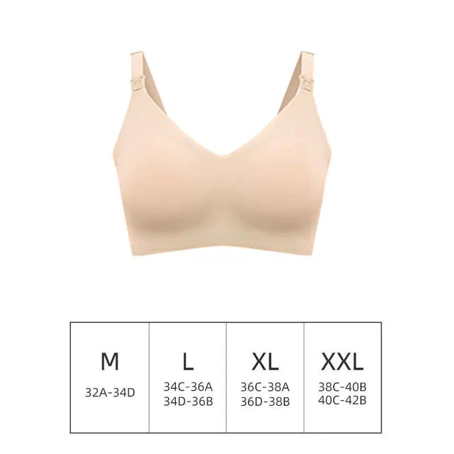 Beige seamless maternity nursing bra with V-neck and adjustable straps