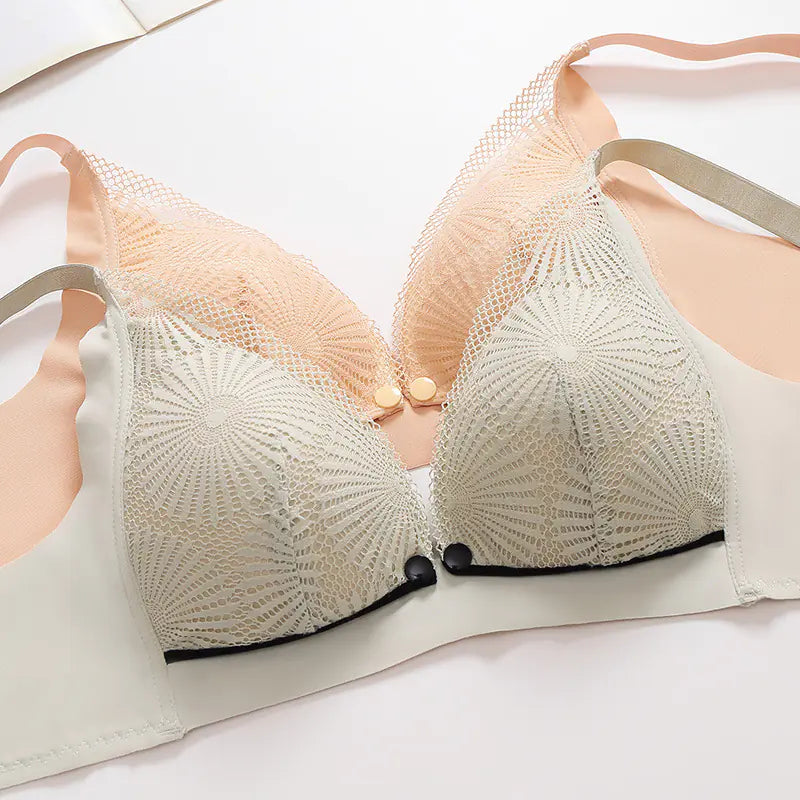 Beige lace maternity nursing bra with front buckle and black-trimmed lower band