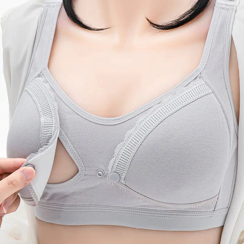 Grey cotton nursing bra with front buckle and supportive underwire cups