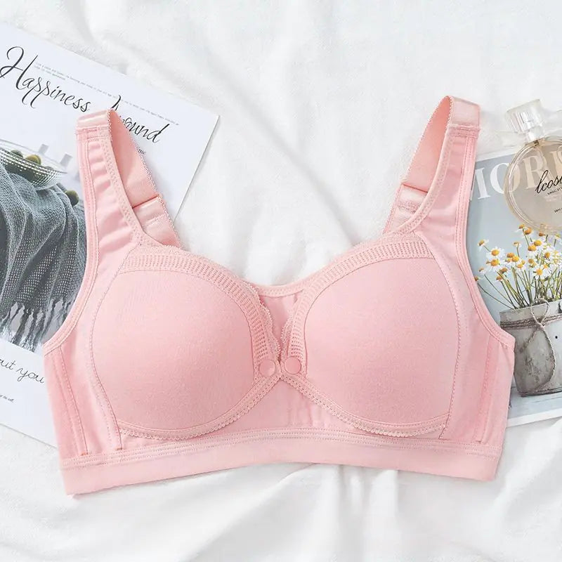 Pink cotton nursing bra with front buckle and molded underwire cups