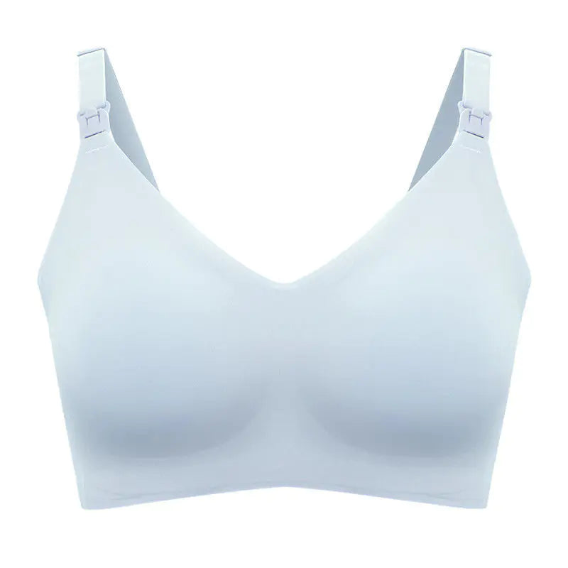 White seamless maternity nursing bra with V-neck and adjustable straps