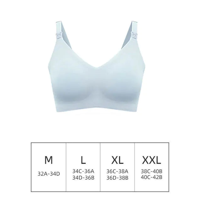 Light blue seamless maternity nursing bra with V-neck and adjustable straps