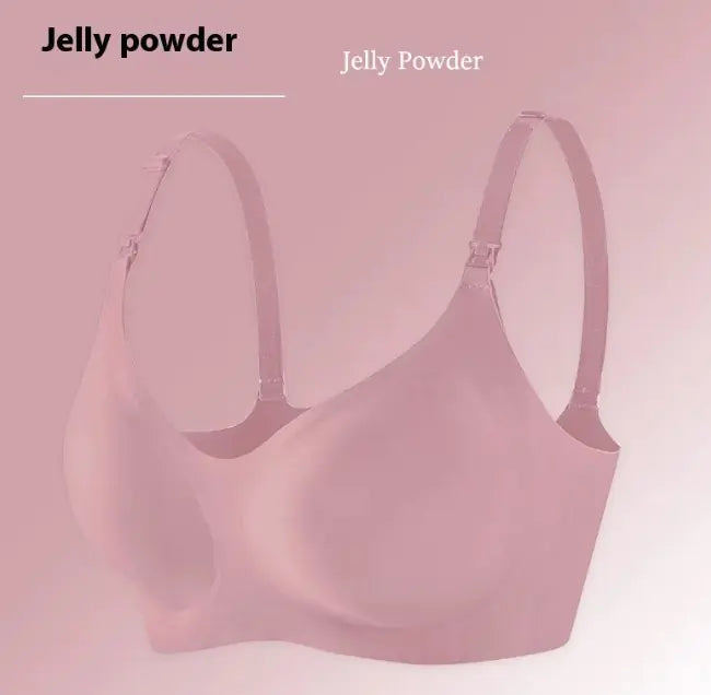 Seamless nursing bra in light pink with wide front neckline and adjustable straps