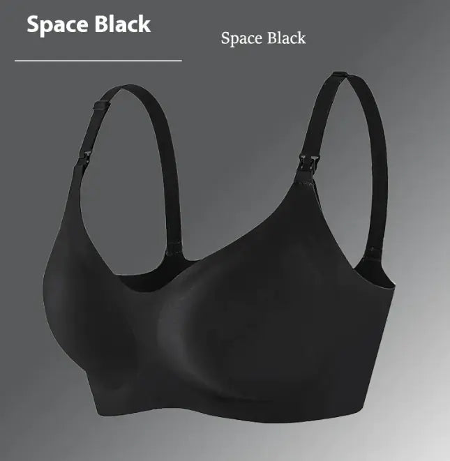 Seamless nursing bra in black with supportive cups and adjustable straps