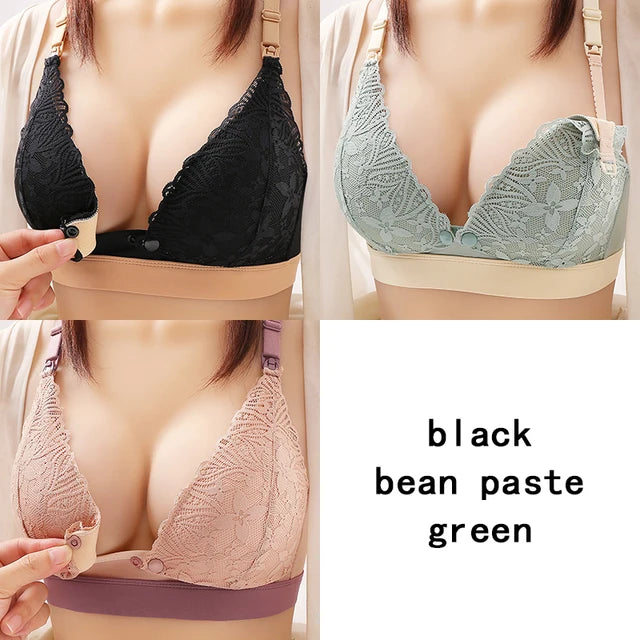 Maternity lace bra set: black, green, and bean paste bras with adjustable straps
