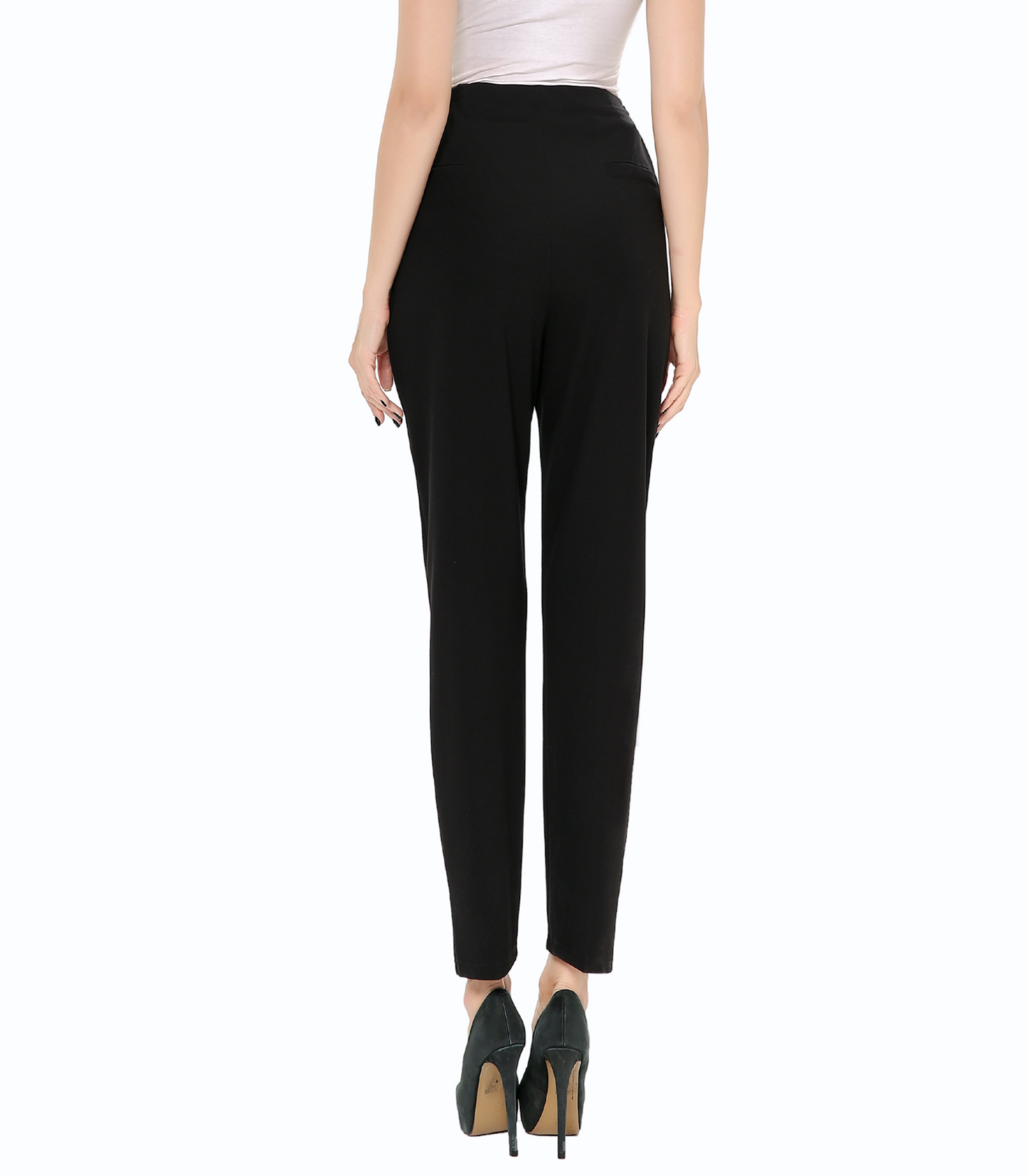 Black pants worn by a person on a white background