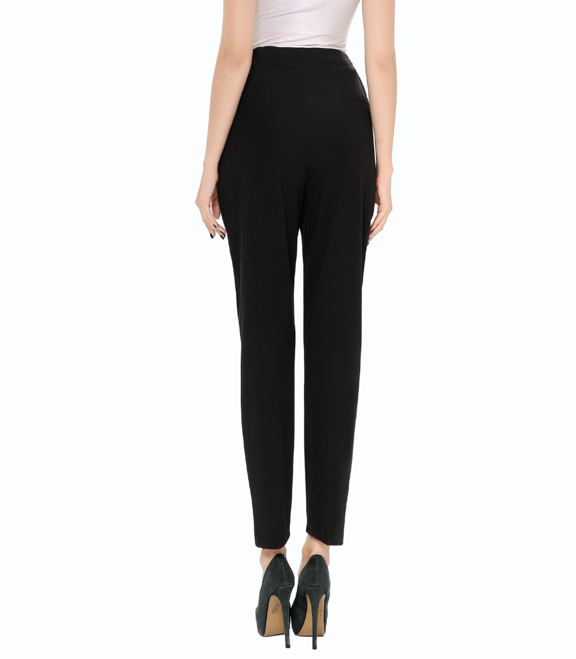 Black pants worn by a person on a white background