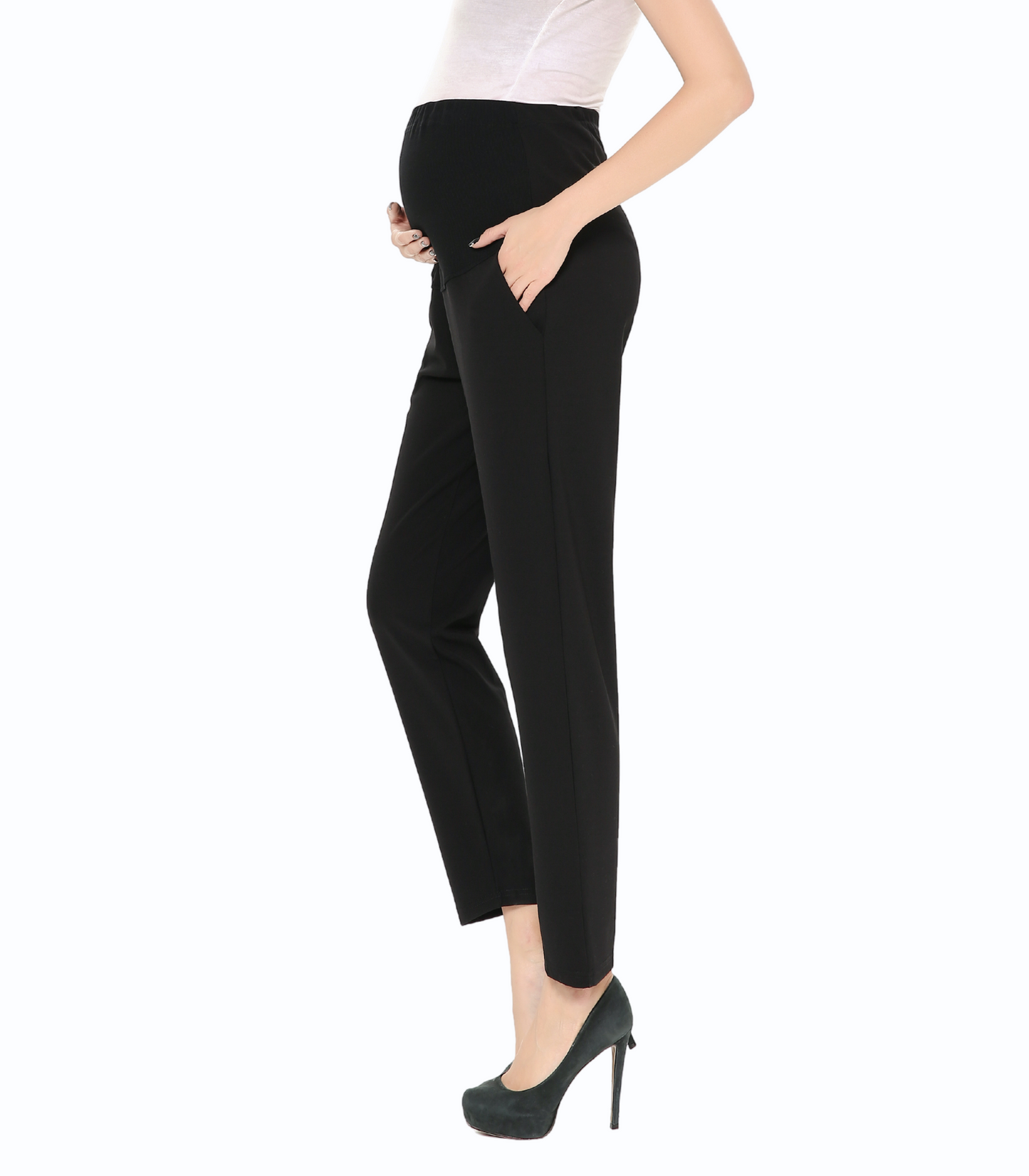 Black pants worn by a person on a white background