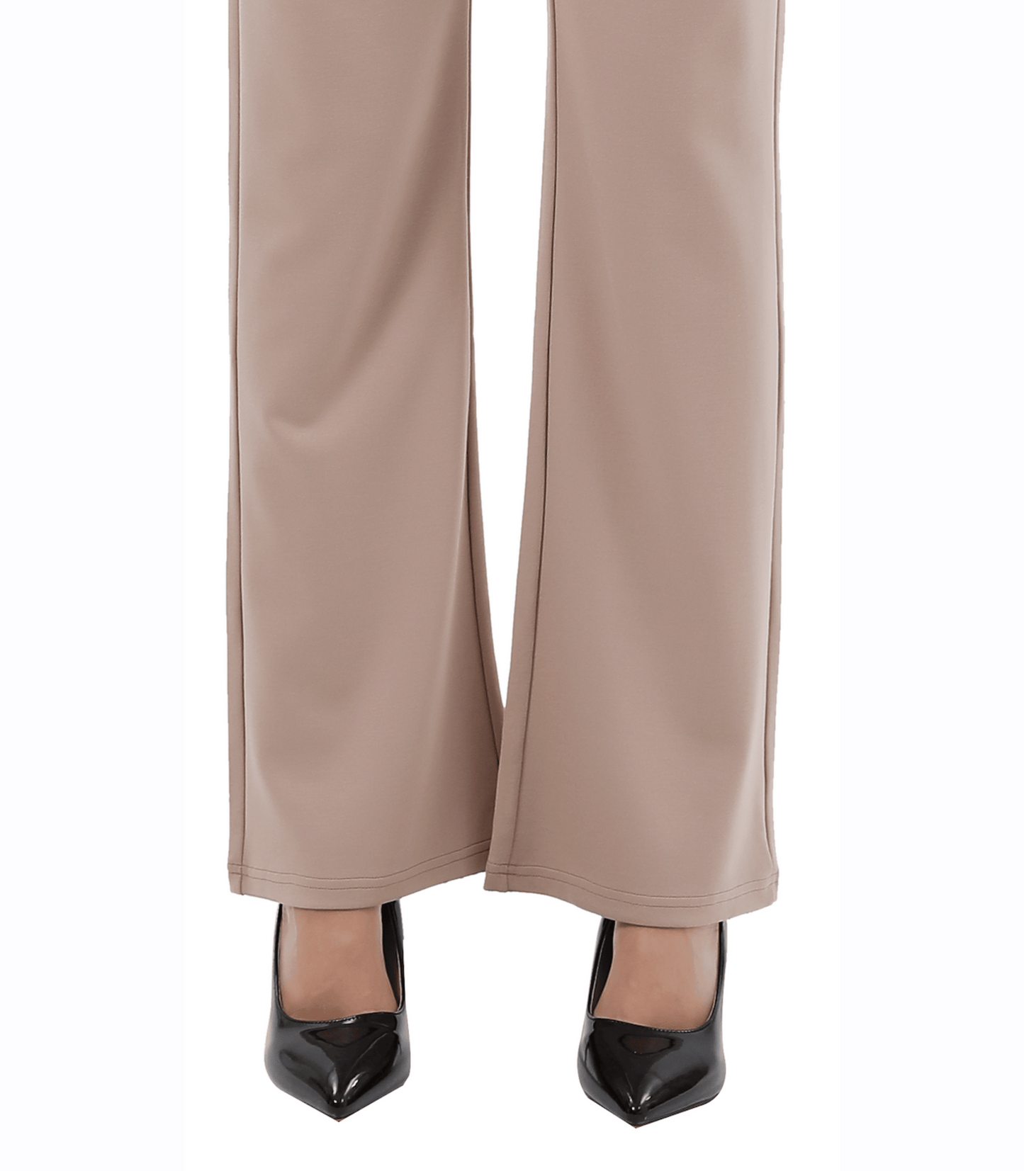 Beige pants with black shoes on a white background