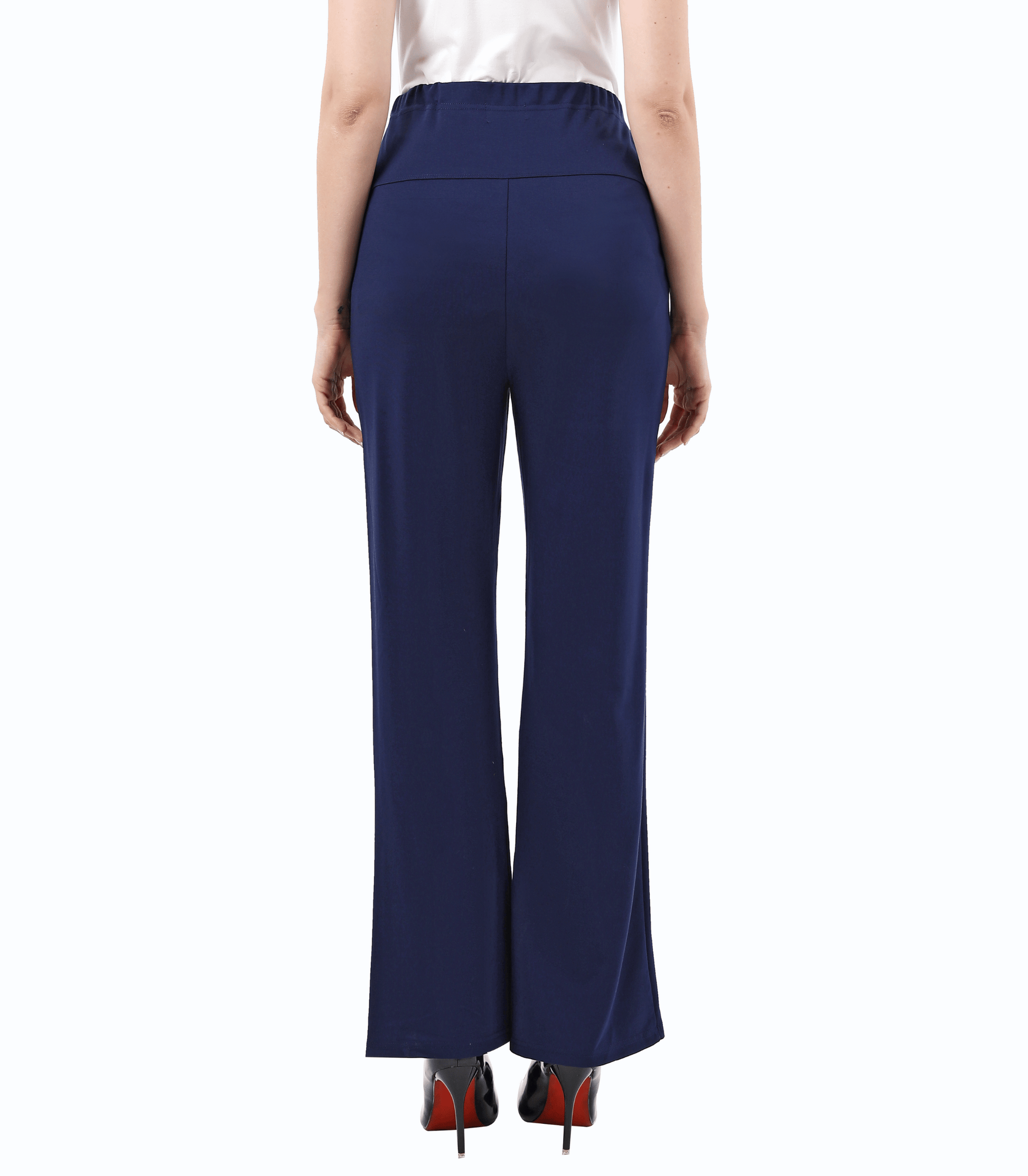 Navy blue pants worn by a person on a white background