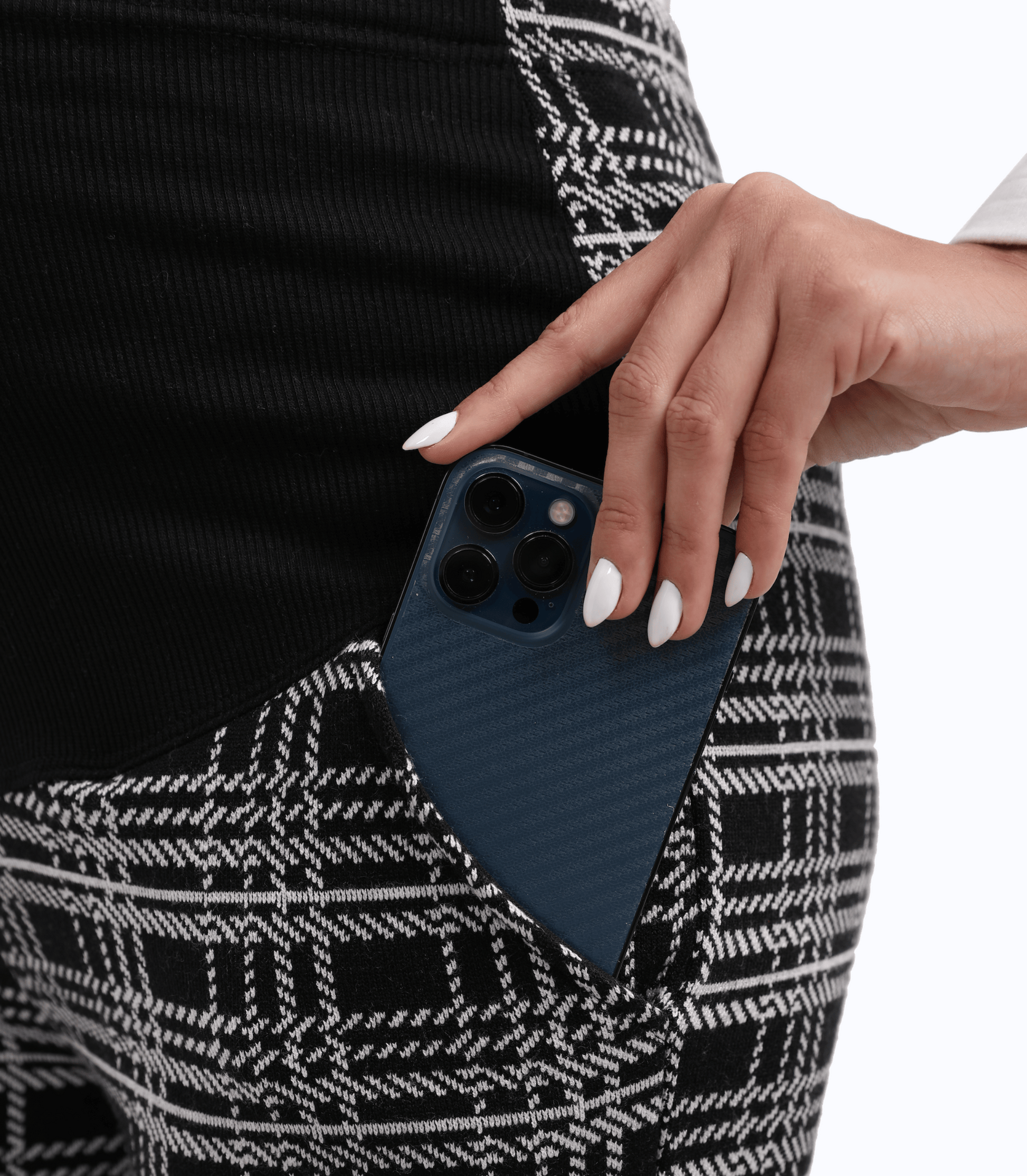 Person holding a blue phone case with a white background
