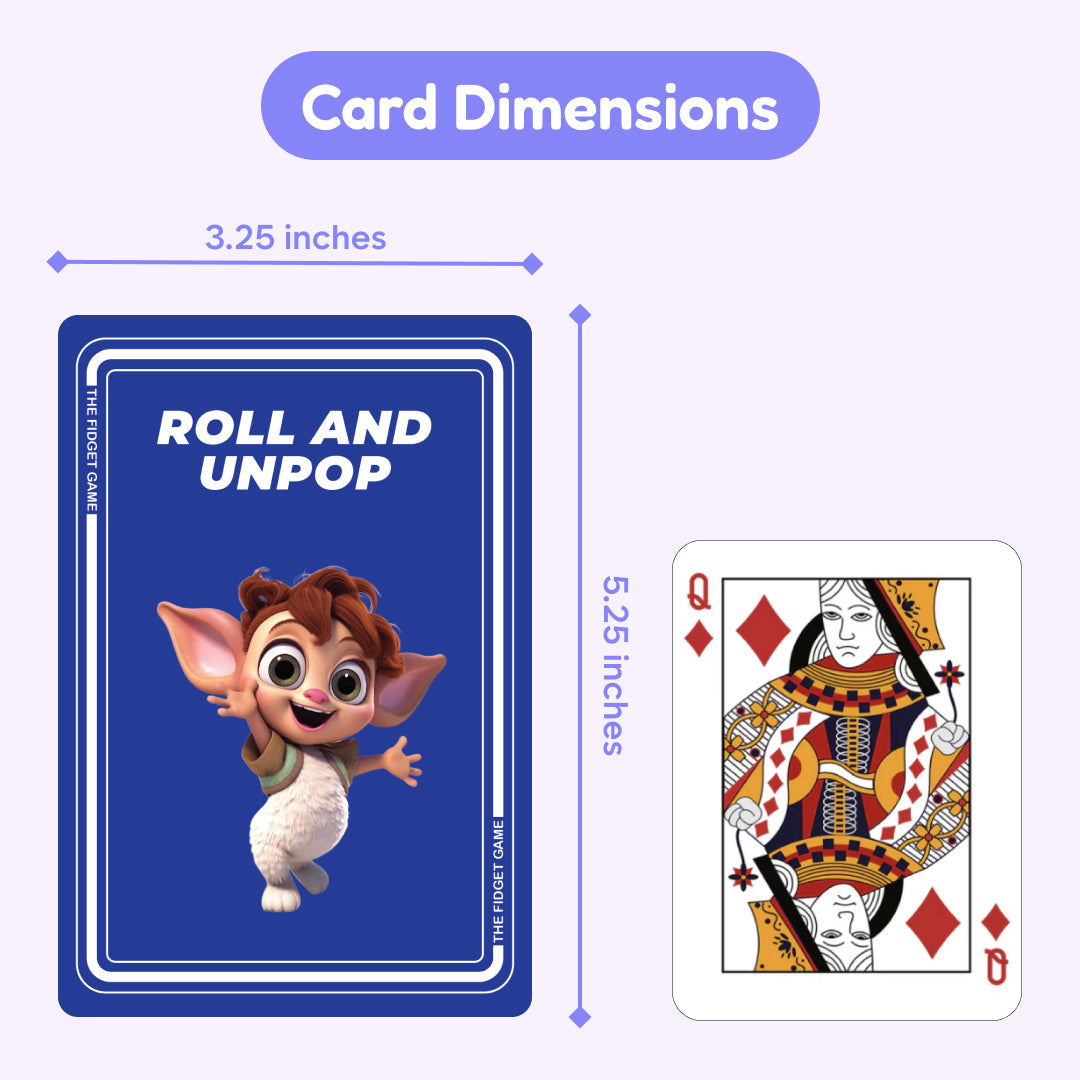 Division card set showing a roll-and-unpop card and card dimensions diagram