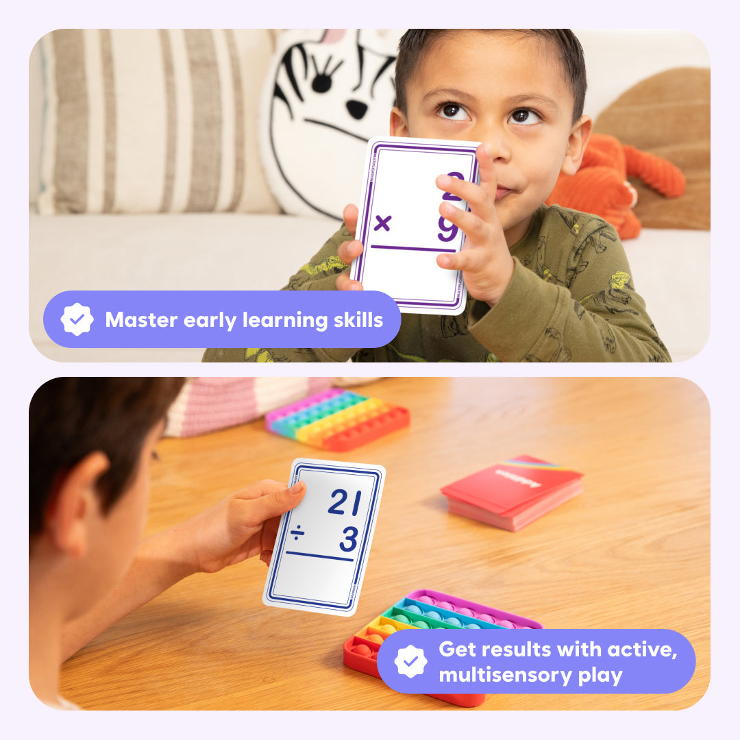 Division flashcard held by a child, showing a numbered division card design