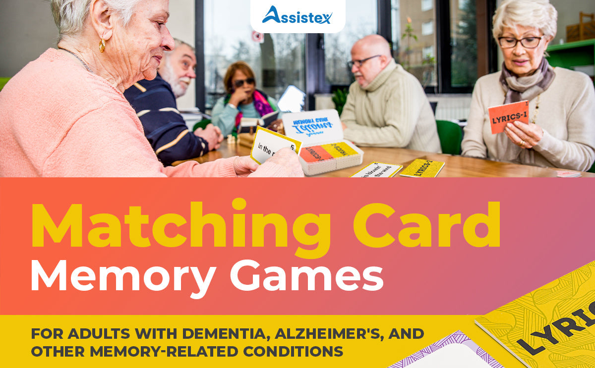 Assistex matching card memory games box on table while seniors hold matching cards