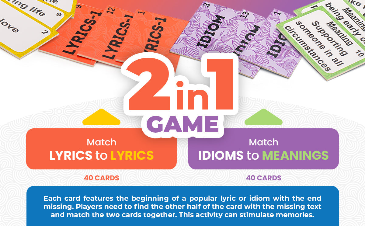2-in-1 matching memory game box graphic showing lyrics-to-lyrics and idioms-to-meanings