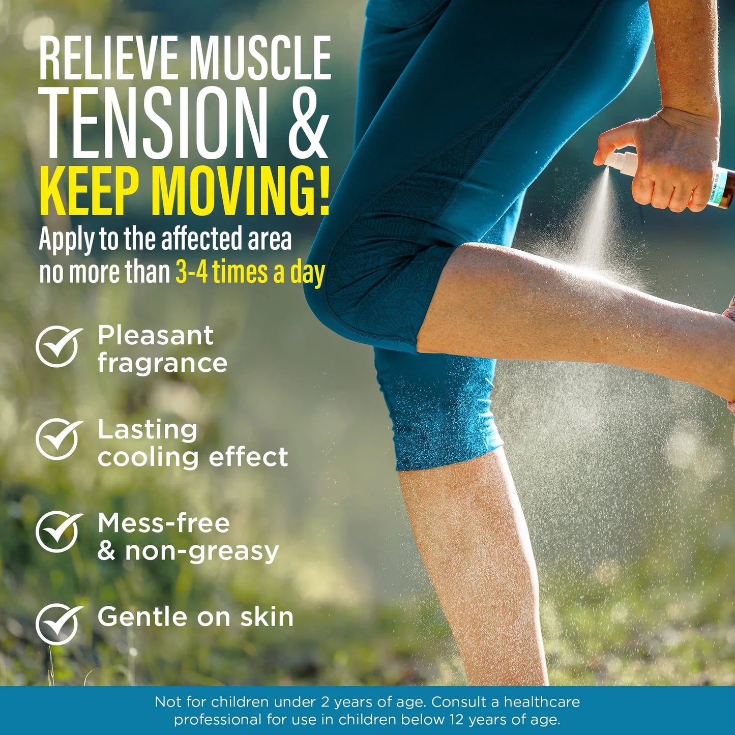 Menthol pain relief spray mist applied to leg area