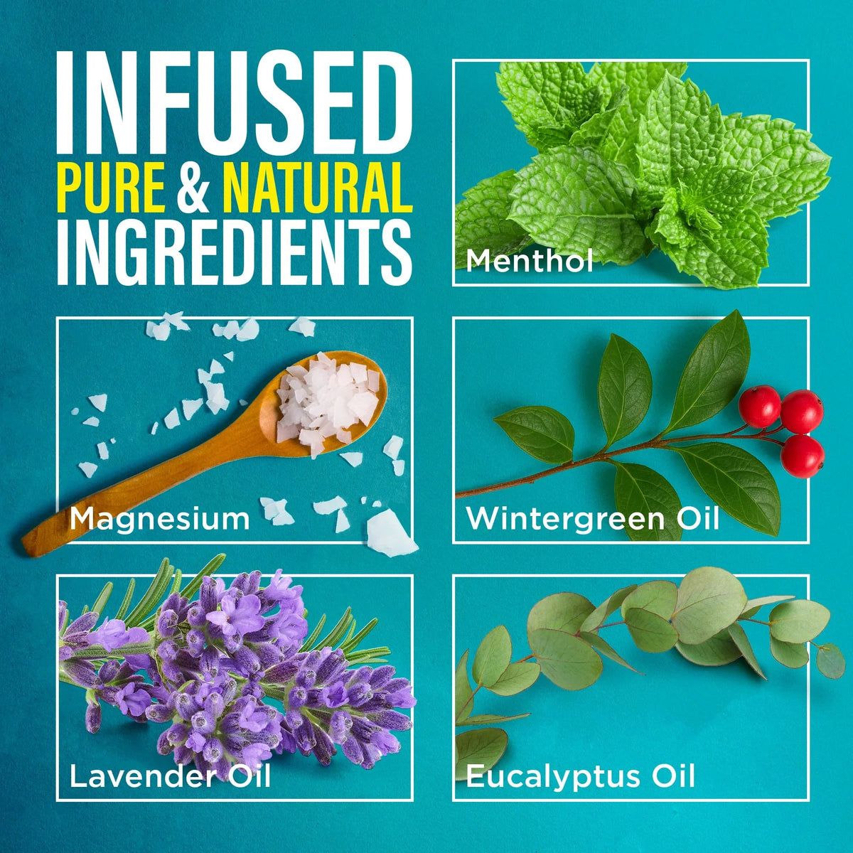 Menthol magnesium pain relief spray ingredients collage with mint leaves, oils, and magnesium