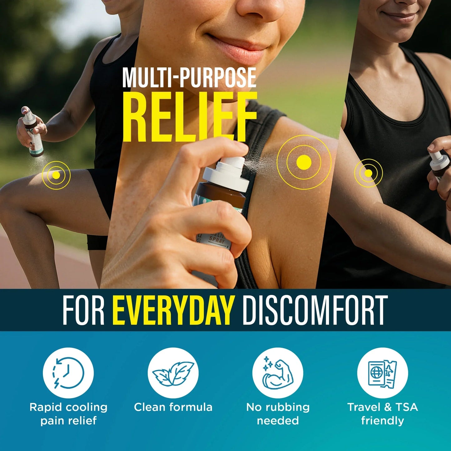 Menthol pain relief spray bottles in use with white pump nozzles for cooling comfort