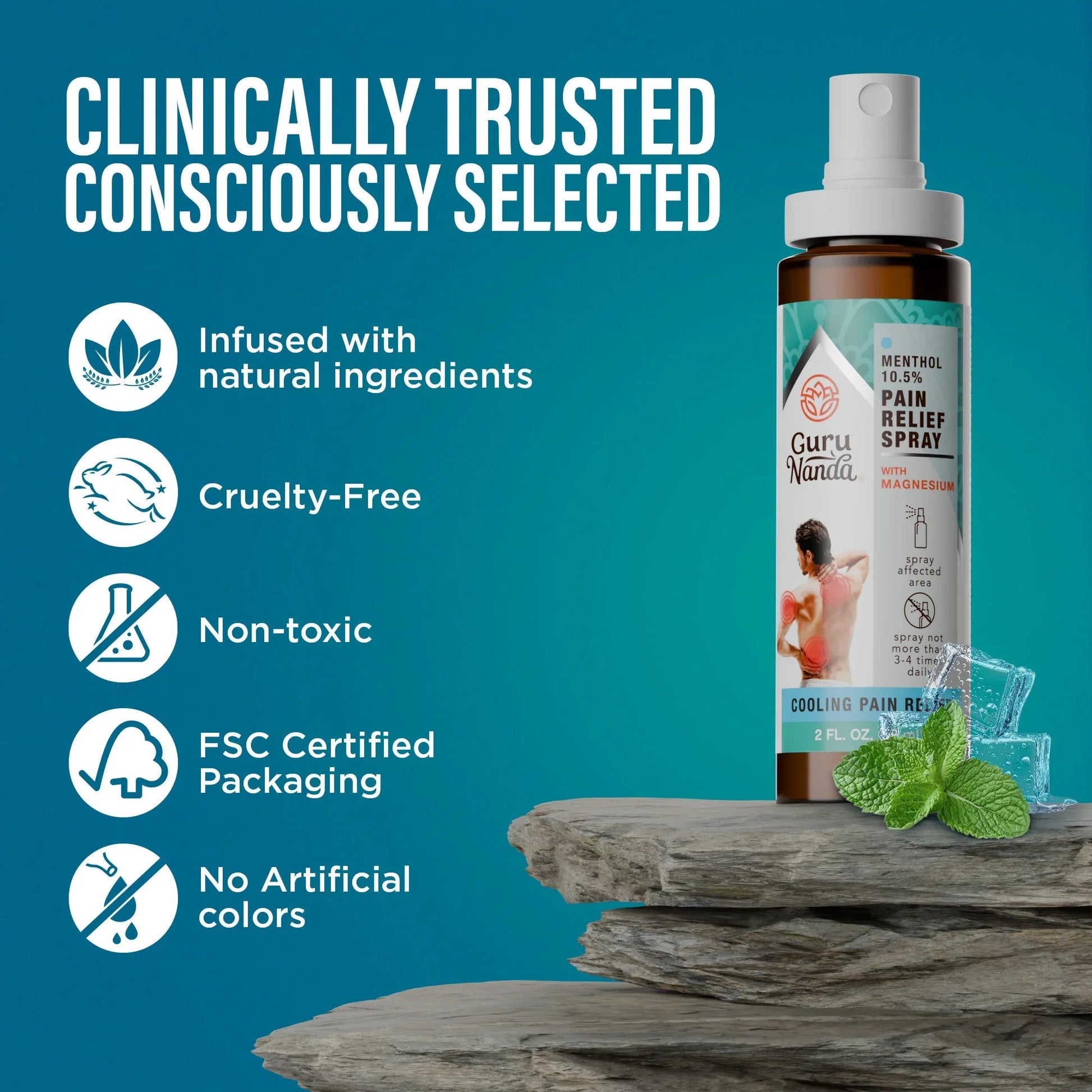 Menthol pain relief spray bottle with clear pump and mint leaf accents