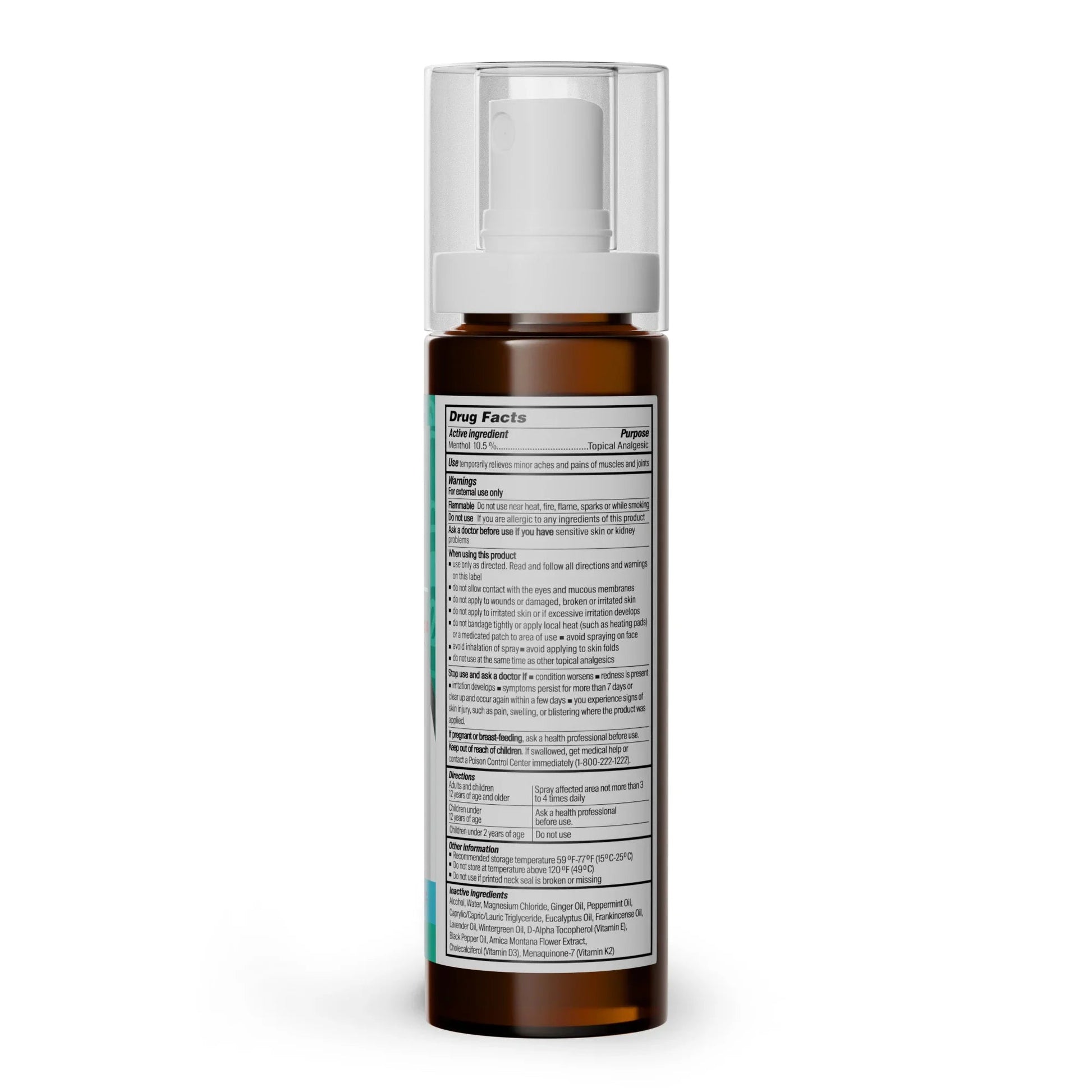 Menthol pain relief spray bottle back label with clear plastic pump top