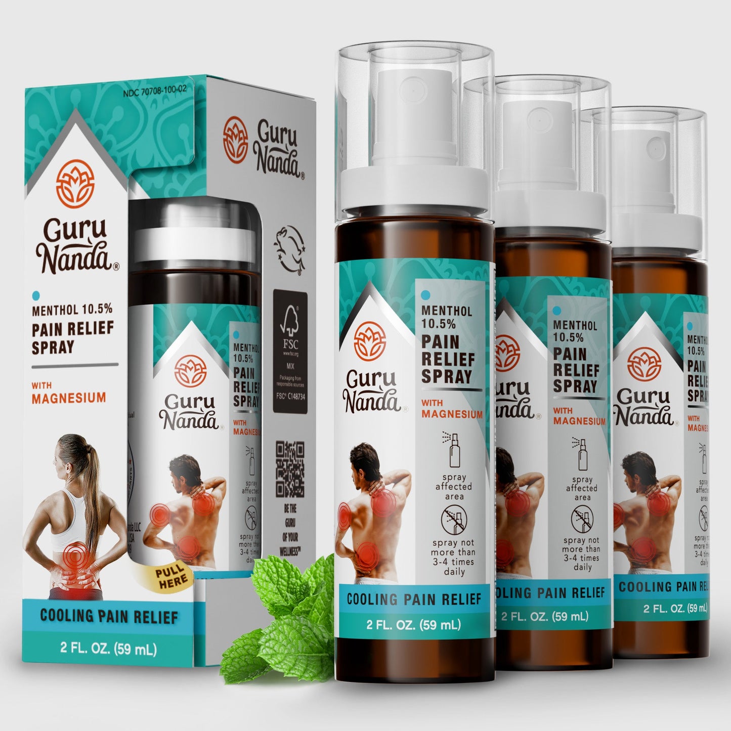 Cooling menthol pain relief spray bottles, pack of three, with pump tops and labels