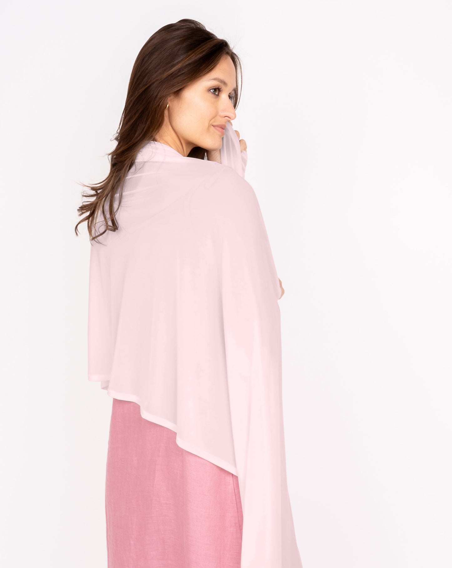 Mesh sun wrap in pale pink, sheer long wrap panel with soft drape