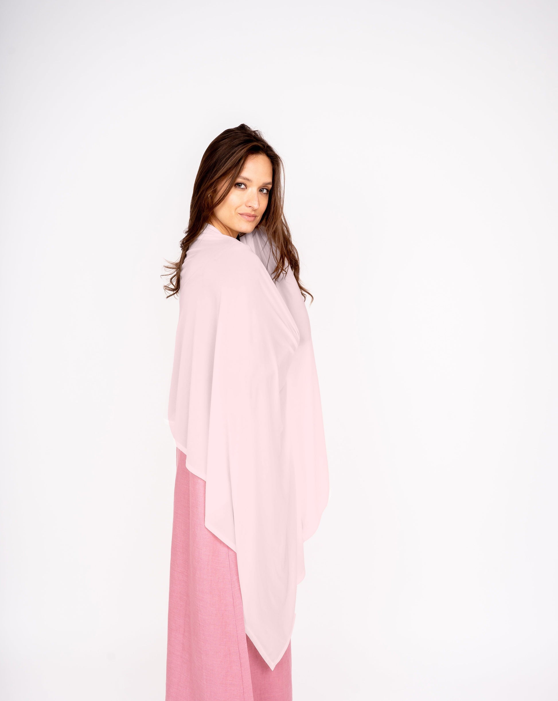 Mesh sun wrap in light pink, sheer draped panel for shoulder coverage