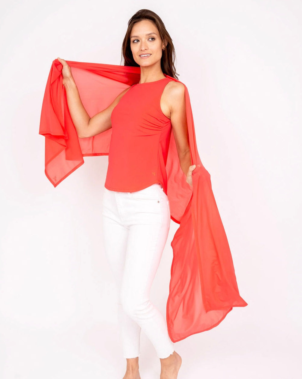 Mesh sun wrap in coral red, sheer long scarf-style wrap draped over shoulder