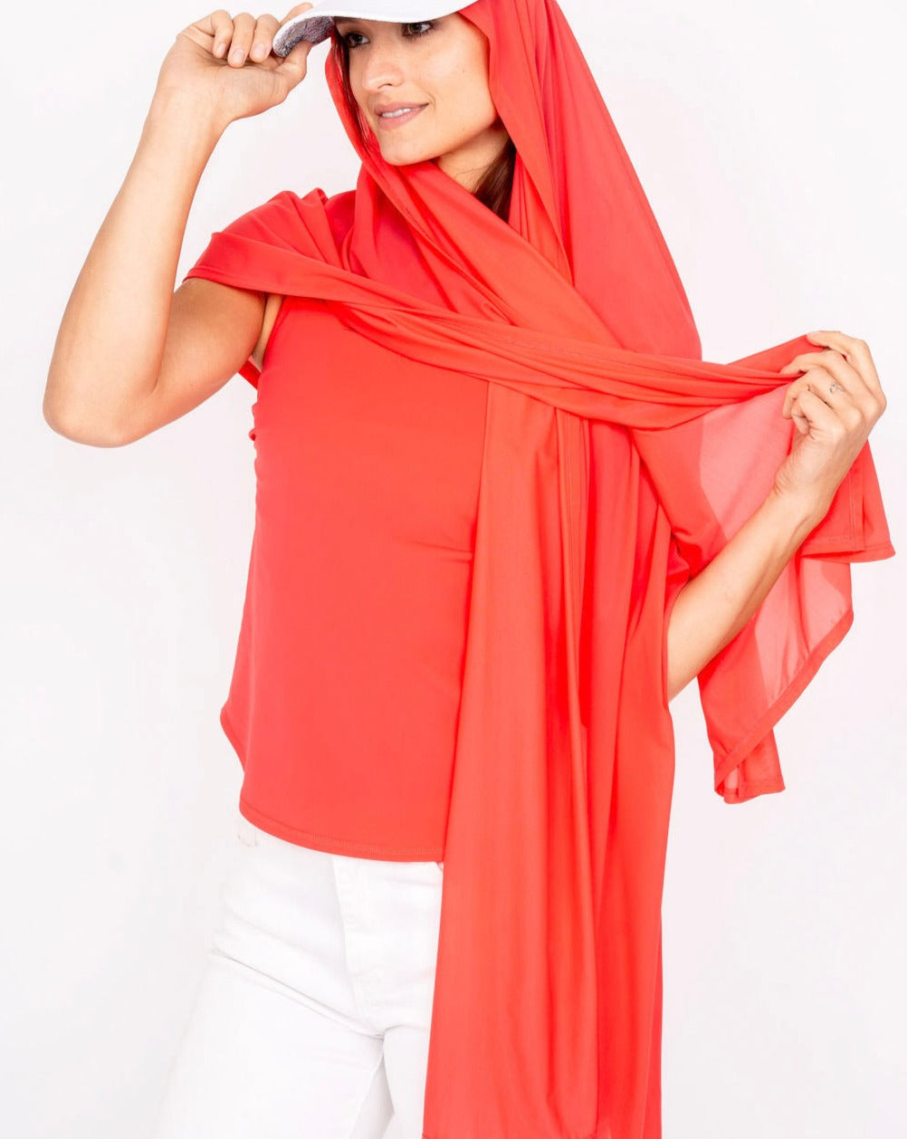 Mesh sun wrap in coral red, sheer scarf-style drape with trailing ends