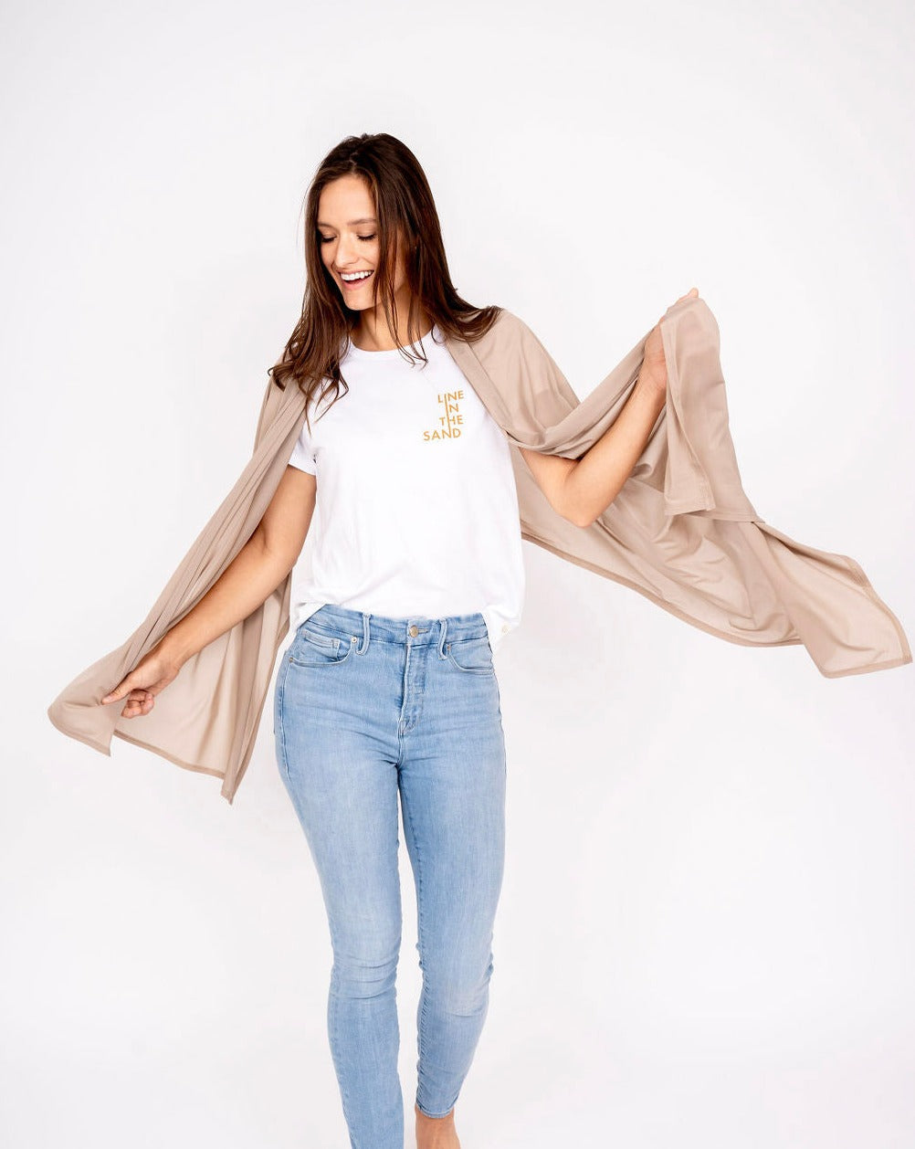 Beige mesh sun wrap with long flowing side panels