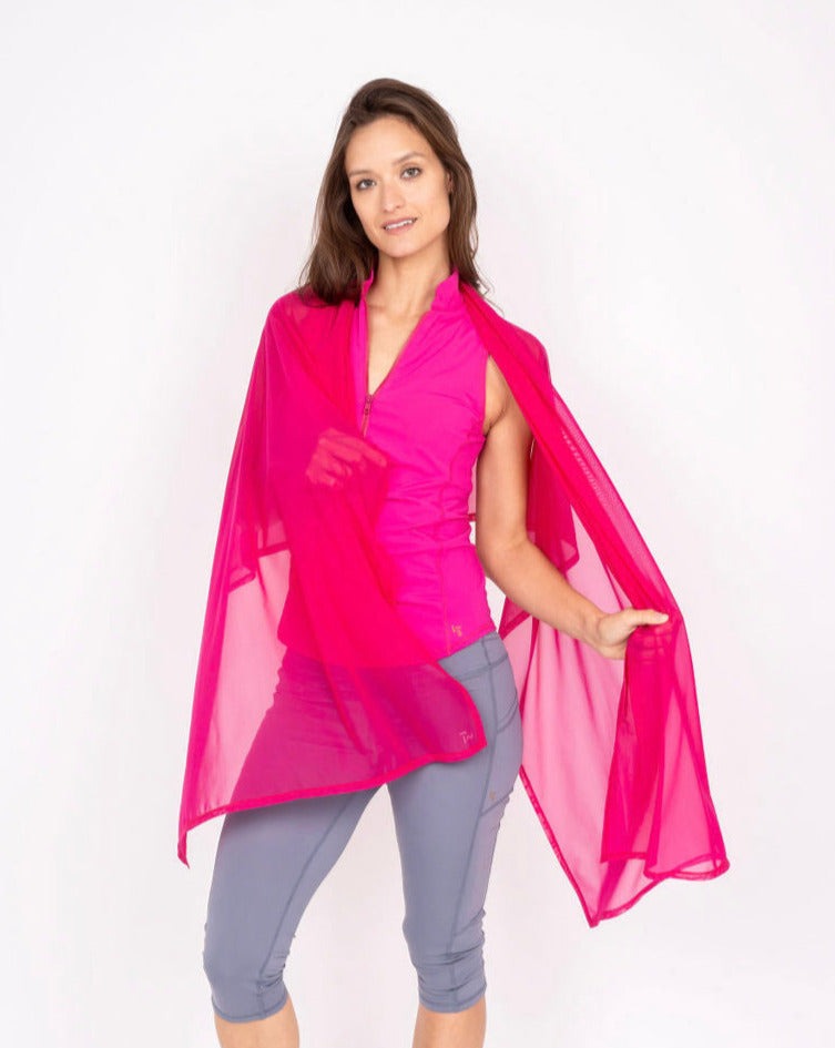 Pink mesh sun wrap with draped cape sleeves and open front