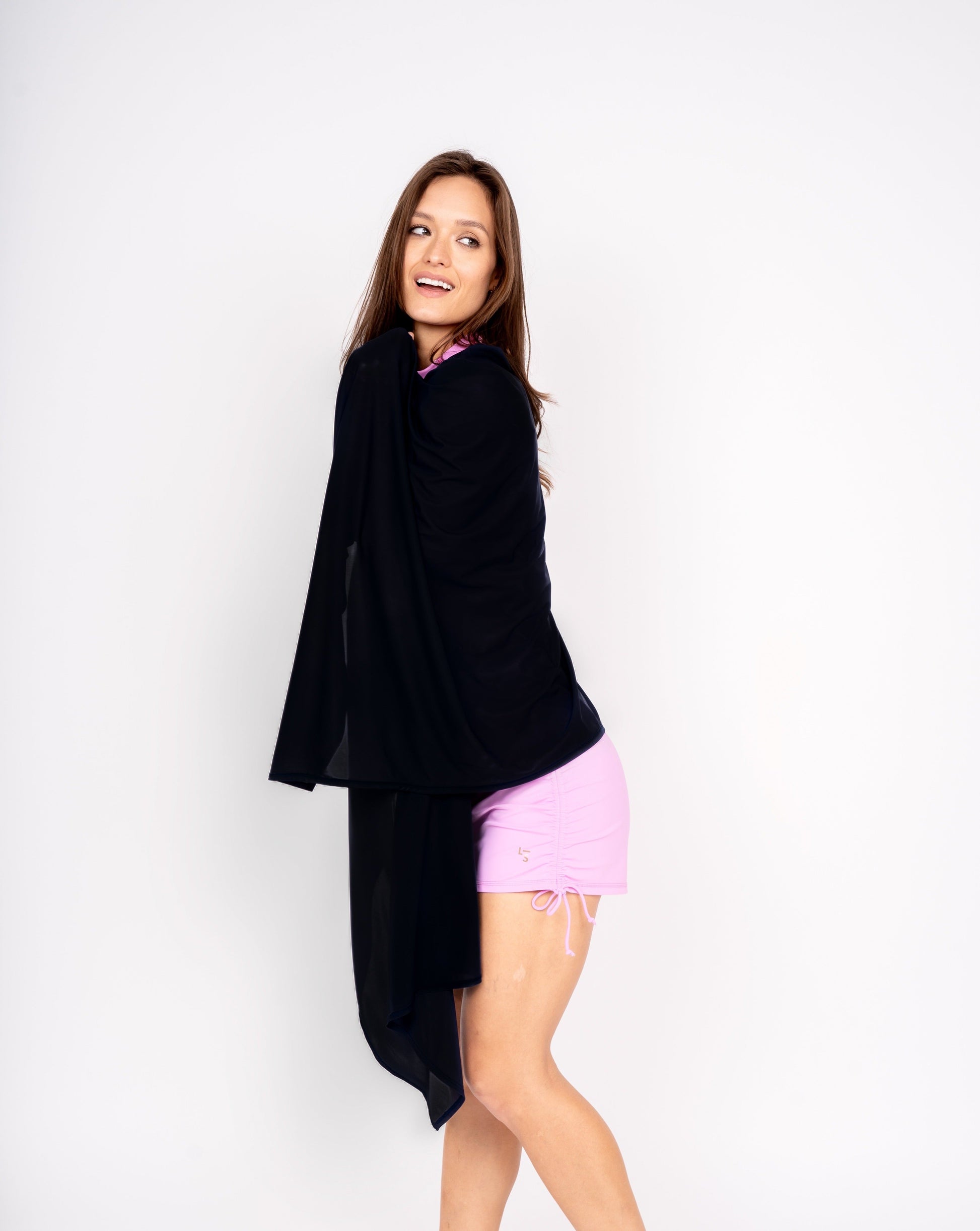 Dark navy mesh sun wrap with wide draped side panel