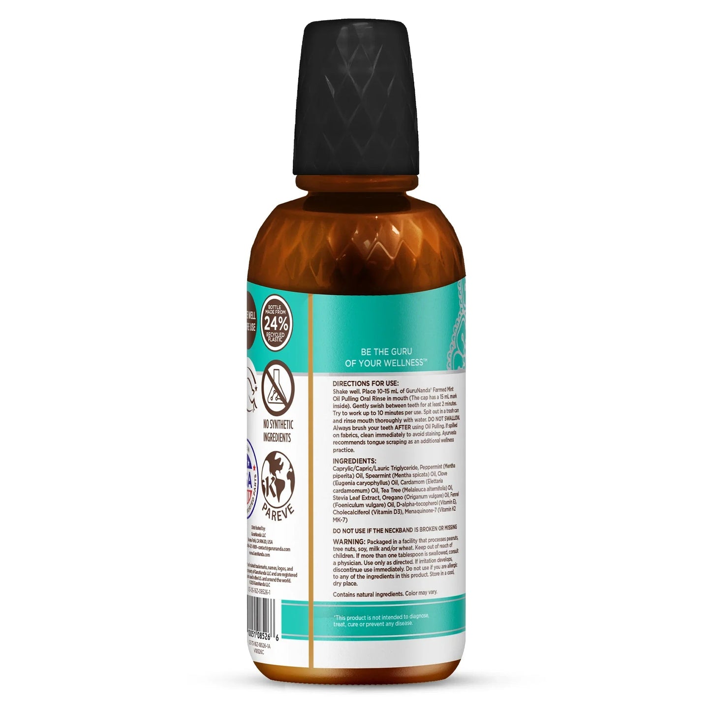 Amber oil pulling oral rinse bottle with black cap and teal white back label.